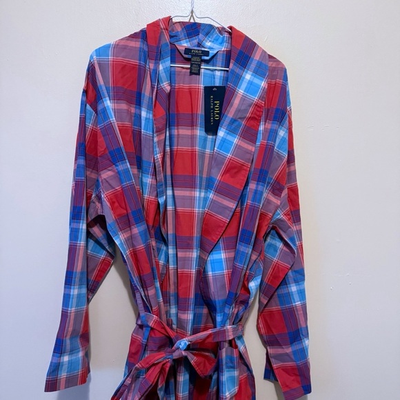 POLO RALPH LAUREN Men's 100% Cotton Woven Plaid Robe Red Multi S/M Small Medium - Picture 3 of 8